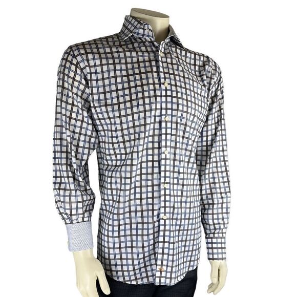 NWOT Thomas Dean L/S Dress Shirt w/Lt Blue, Taupe, & Black Grid Pattern Size Lg - Picture 8 of 11